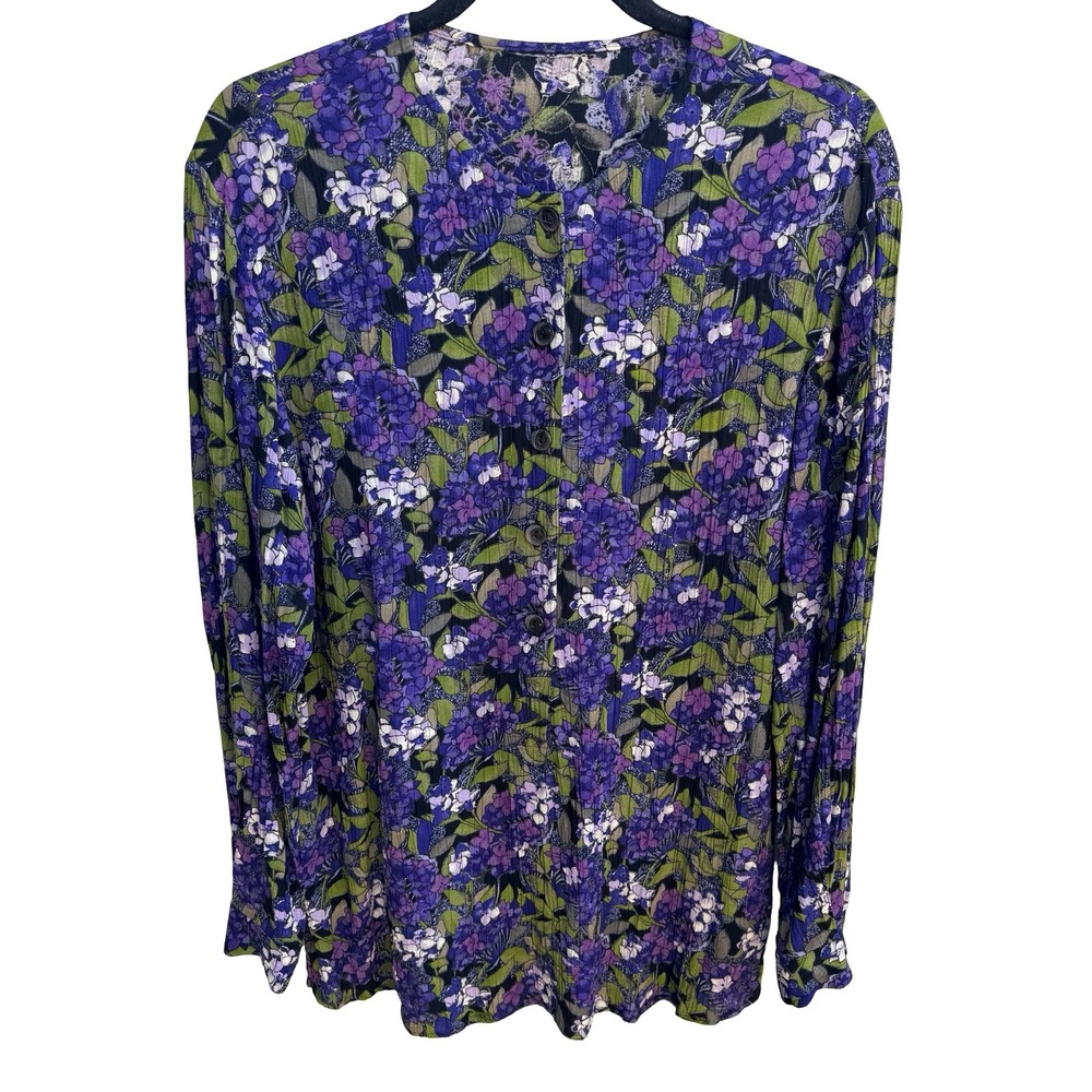 Vintage 90s Cottagecore Grannycore Garden Dark Floral Crinkle Blouse Purple L